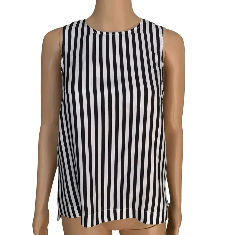 J. Crew 100% Silk Black White Stripe Sleeveless Blouse Top Sz 00